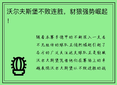 沃尔夫斯堡不败连胜，豺狼强势崛起！